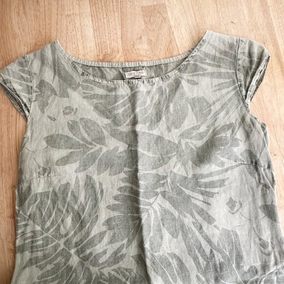 LINA TOMEI Linen Dress Made in Italy Green Tropical Leaf Pattern L - Picture 3 of 9